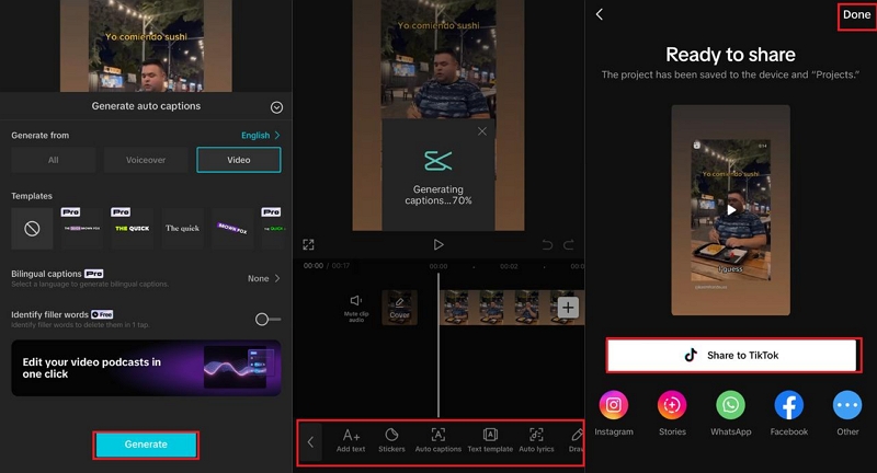 Generating auto captions in CapCut
