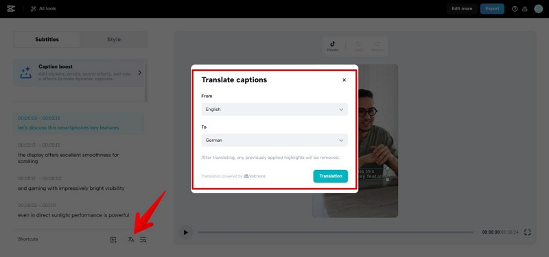 Translating captions in CapCut