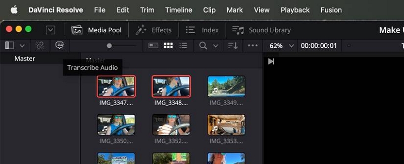Transcribe Audio option in DaVinci Resolve timeline