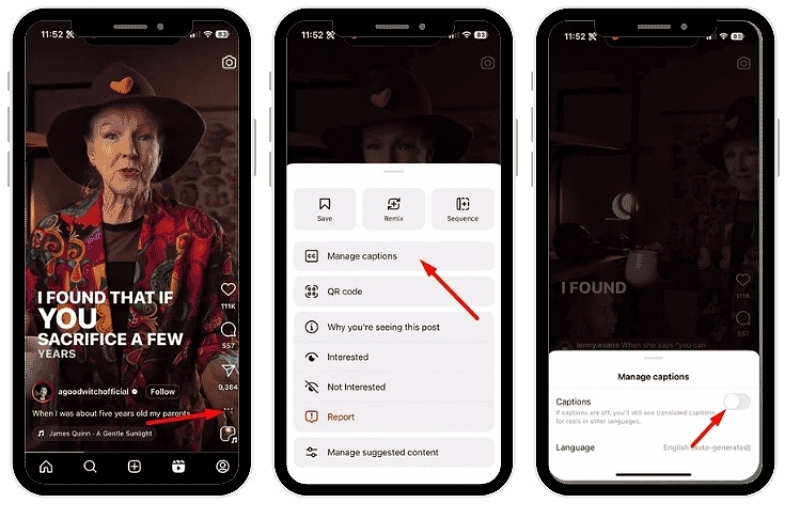 Managing captions settings on an individual Instagram Reel