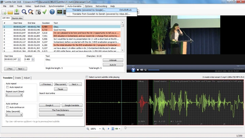 Auto Translate feature in Subtitle Edit connected to DeepL